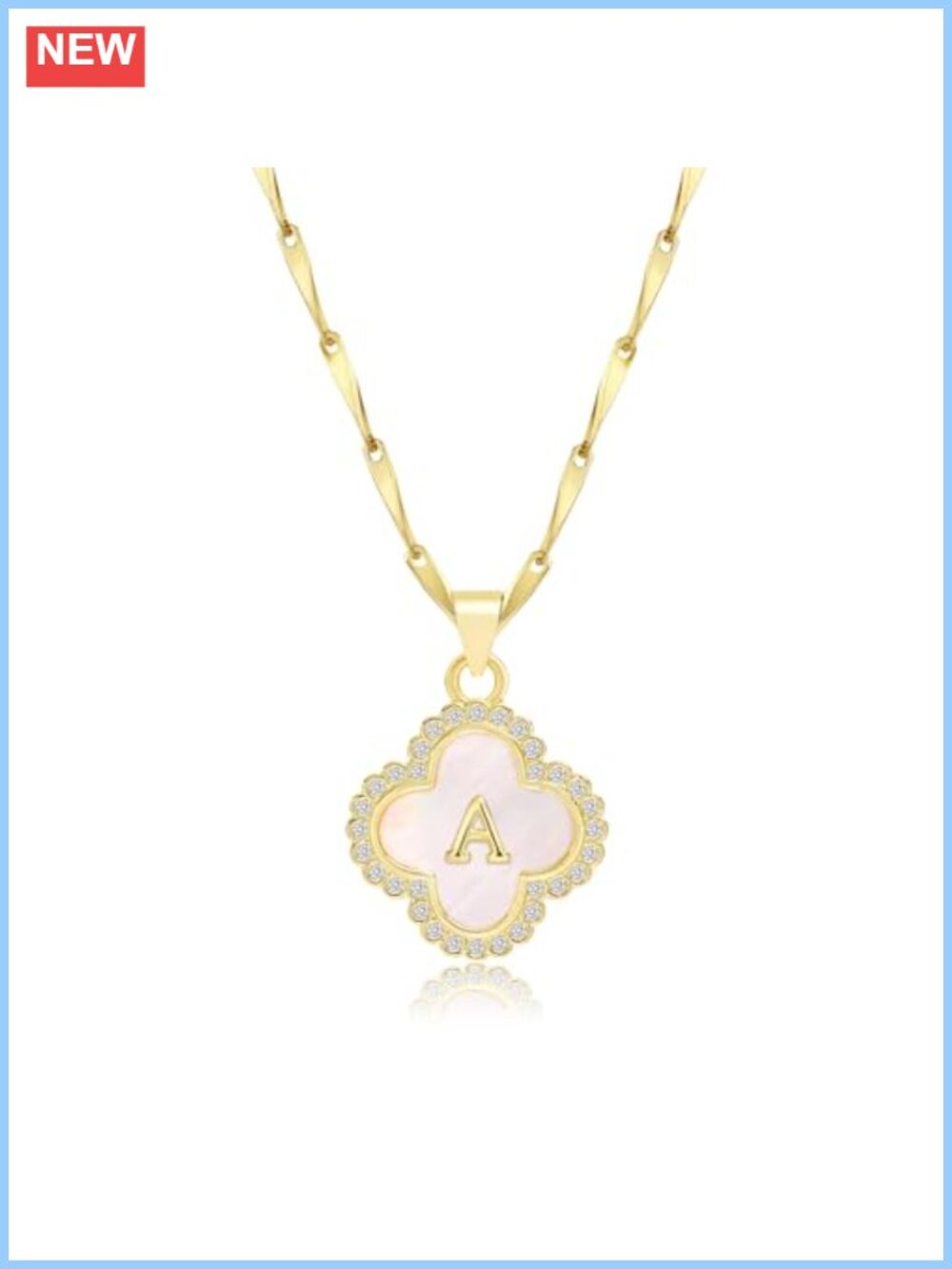 14K Gold Plated Initial Four Leaf Clover Pendant Necklace Women Cubic Zirconia